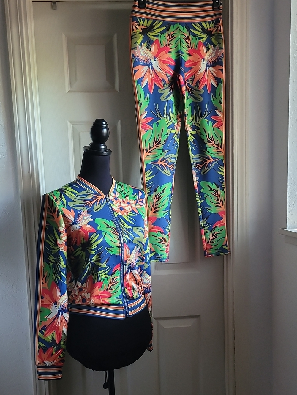Jealous Tomato Navy Floral Zip Jacket & Leggings Set - Green/Pink/Orange SIZE S